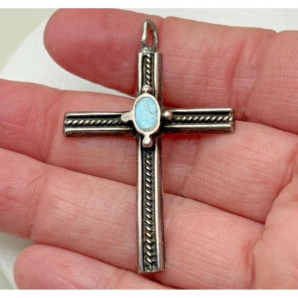 Vtg Sterling Silver Cross Pendant Turquoise Rope Twist Southwest Antiqued 925